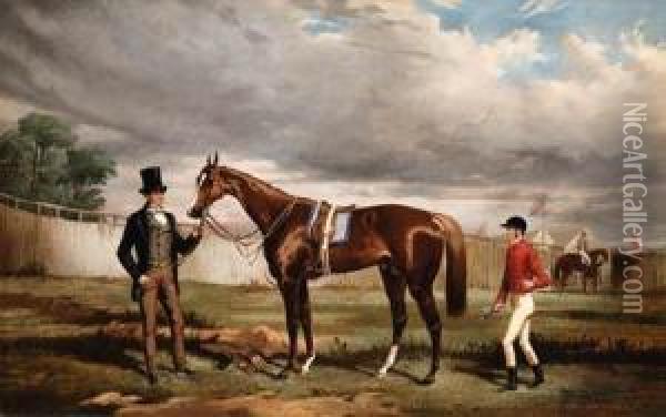 Sir Joseph Hawley's Teddington 
Held By His Trainer Alec Taylor Withthe Jockey Job Marson At Epsom Oil Painting - Alfred F. De Prades