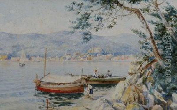 Fishing Boats In A Mediterranean Bay Oil Painting - Carlo Menegazzi