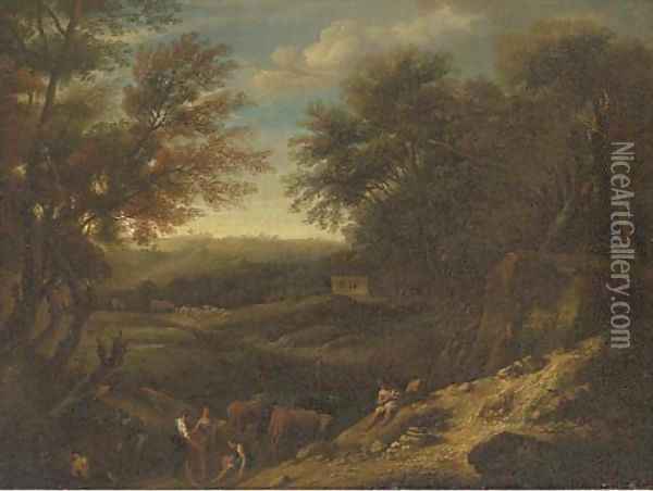 A wooded landscape with drovers and cattle at rest by a pond Oil Painting - Christian Hilfgott Brand