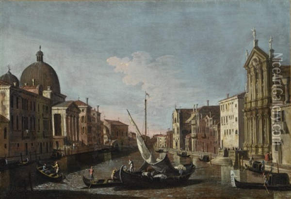 Venice, A View Of The Grand Canal With San Simeone Piccolo Oil Painting - Bernardo Canal