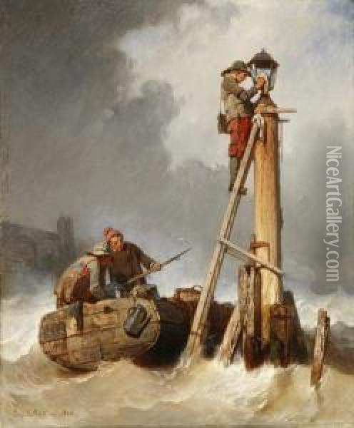 Marins Allumant Les Feux A L'entree Du Port Oil Painting - Eugene Lepoittevin