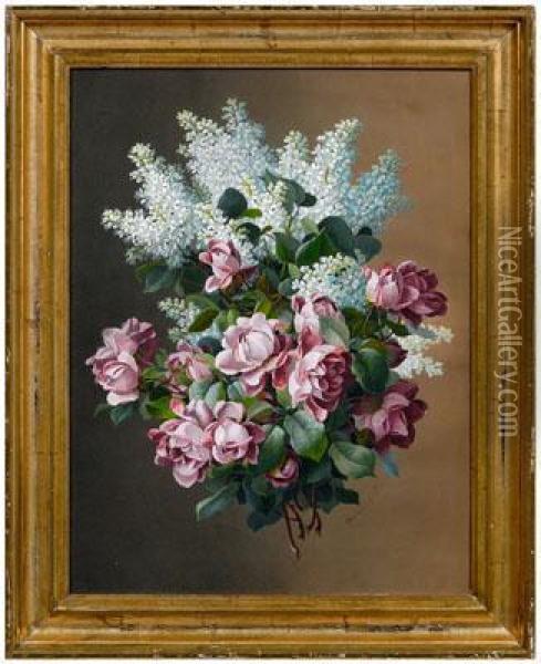 Bouquet Of Rosesand Lilacs Oil Painting - Paul De Longpre