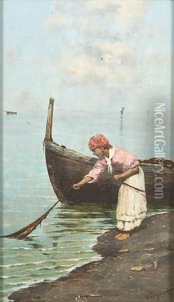A Fisher Girl Pulling In A Net Oil Painting - Vittorio Capessiero