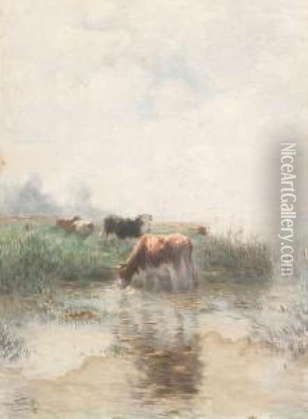 Koeien Bij Het Water Oil Painting - Jan Martinus Vrolijk