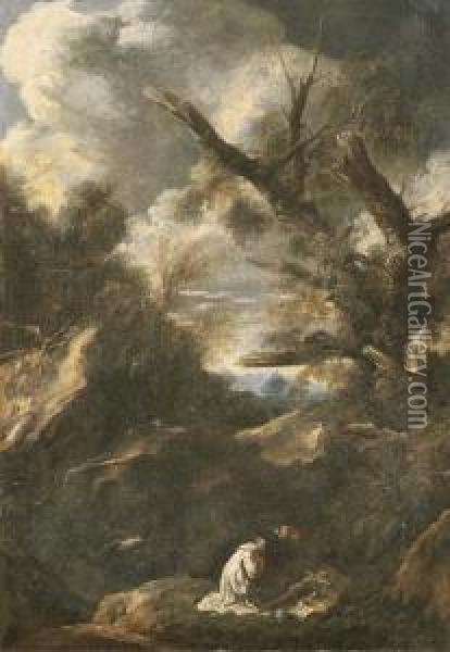 A Wooded Landscape With A Capuchin Friar Adoring The Cross Oil Painting - Antonio Francesco Peruzzini