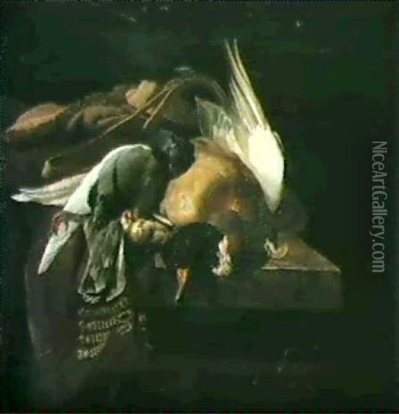 Trophees De Chasse: Canard, Pigeon                          Et Chardonneret Et Habits Poses Sur Un Entablement Oil Painting - William Gowe Ferguson
