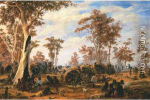 Adelaide, A Tribe Of Natives On The Banks Of The River Torrens Oil Painting - Alexander Schramm