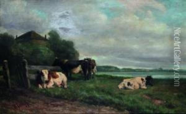 Rustende Koeien Aan Het Water Oil Painting - Hendrik Savrij