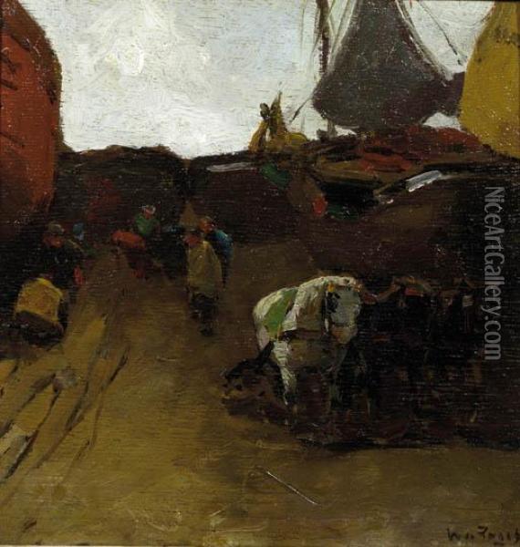 Horses Towing A Bomschuit On The Beach Of Scheveningen Oil Painting - Willem de Zwart