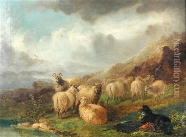 Sheep And A Collie In A Highland Landscape Oil Painting - John Joseph (of Bath) Barker