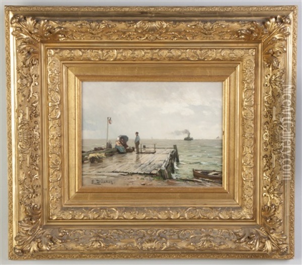 Figures On A Dock With Boats In Distance Oil Painting - Eugen Gustav Duecker