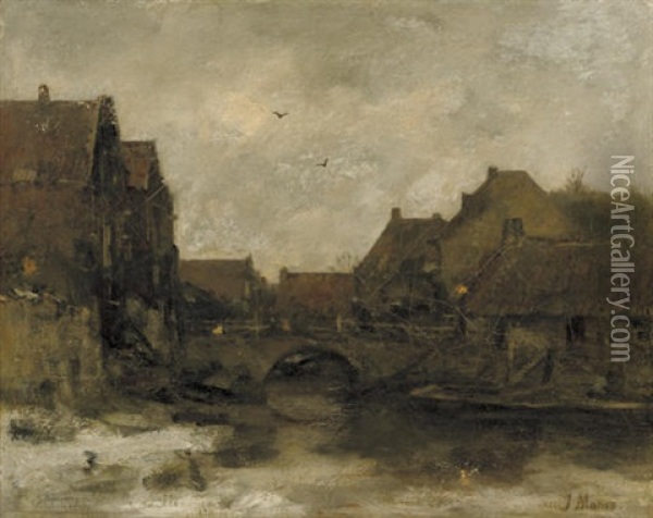 Oude Huizen In Delft - Nightfall In Winter Oil Painting - Jacob Henricus Maris