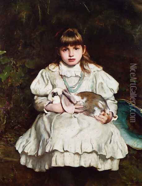 Portrait of a Young Girl Holding a Pet Rabbit Oil Painting - Frank Holl