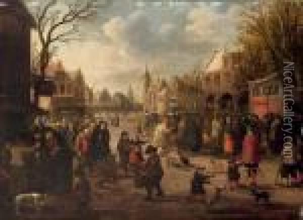 A Village Meeting With Figures Gathered In The Street Oil Painting - Joost Cornelisz. Droochsloot