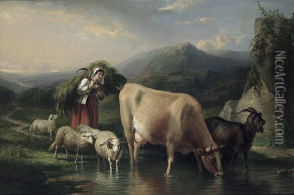 Junge Magd Mit Kuh, Ziege Und Schafen An Der Tranke, Auf Dem Rucken Die Frische Mahd Oil Painting - Robert Eberle
