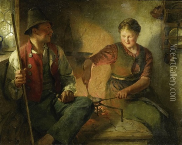 Junges Paar Am Feuer Oil Painting - Hugo Wilhelm Kauffmann