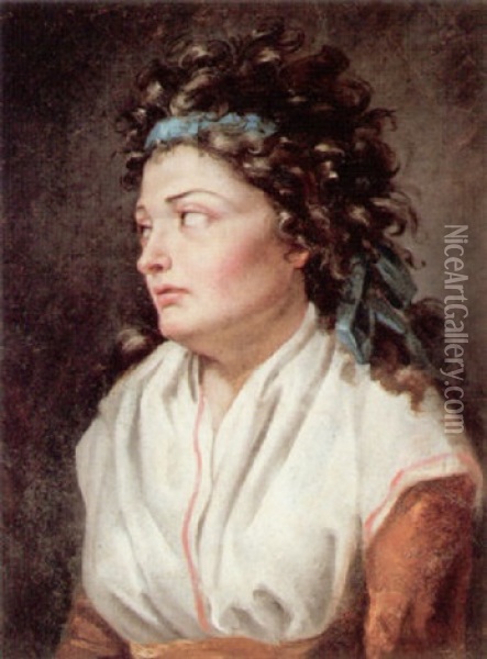 Portrait Of A Lady Wearing A Blue Ribbon In Her Hair Oil Painting - Pauline Auzou