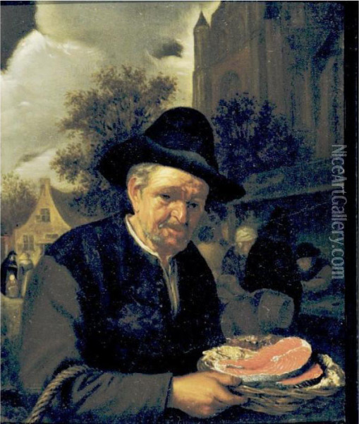 A Peasant Holding A Basket Of Fish In A Market Oil Painting - Adriaen Jansz. Van Ostade