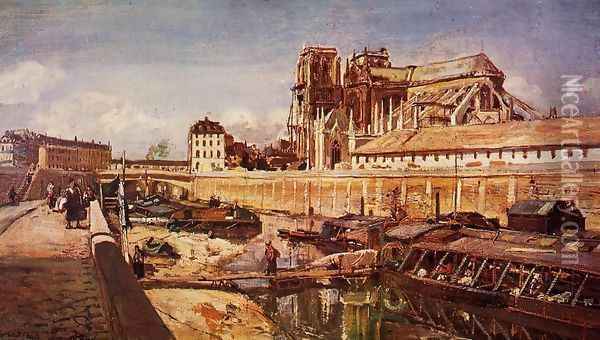 Notre Dame De Paris Seen From The Pont De L Archeveche Oil Painting - Johan Barthold Jongkind