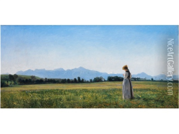Junges Madchen In Sommerlicher Voralpenlandschaft Oil Painting - Auguste Henry Berthoud