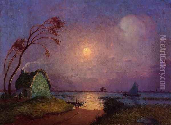 Cottage in the Moonlight in Briere Oil Painting - Ferdinand Loyen Du Puigaudeau