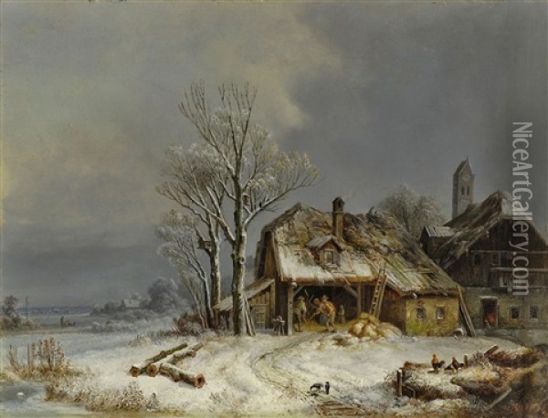 Winterliches Dorf Oil Painting - Heinrich Buerkel