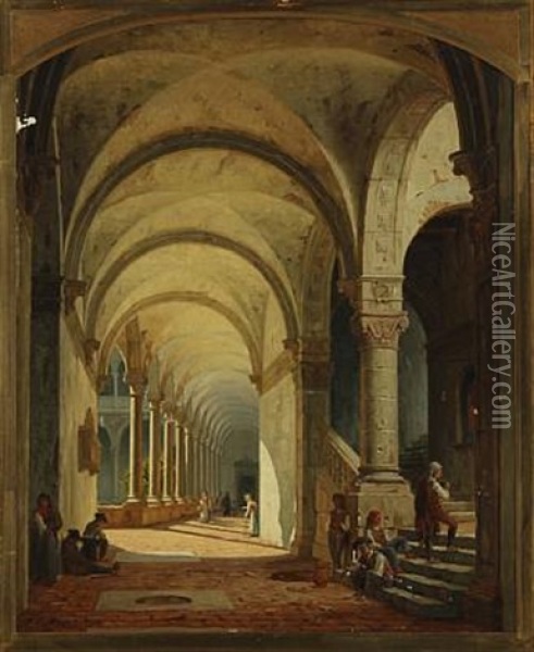 Cloister With Natural Light From The Garden, In The Forground Several Beggars Oil Painting - Peter Kornbeck
