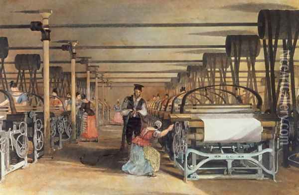 Power loom weaving, 1834 Oil Painting - Thomas Allom
