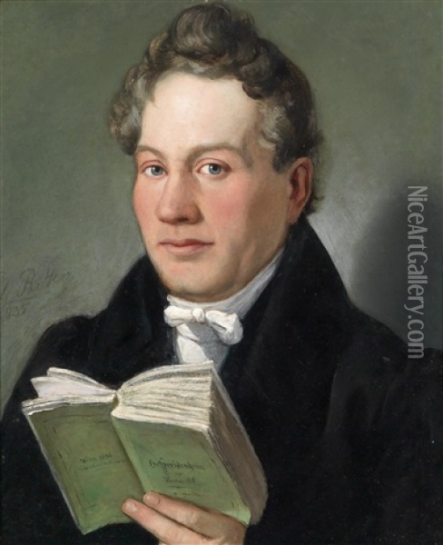 Portrait Des Wiener Schriftstellers Christoph Kuffner (1777-1846) Mit Seinem Buch Hesperidenhain Der Romantik Oil Painting - Eduard Ritter