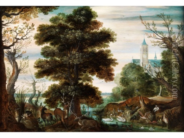 Baumlandschaft Mit Jagdtieren Und Federvieh Vor Einer Kirche Im Hintergrund Oil Painting - Samuel van den Hecken