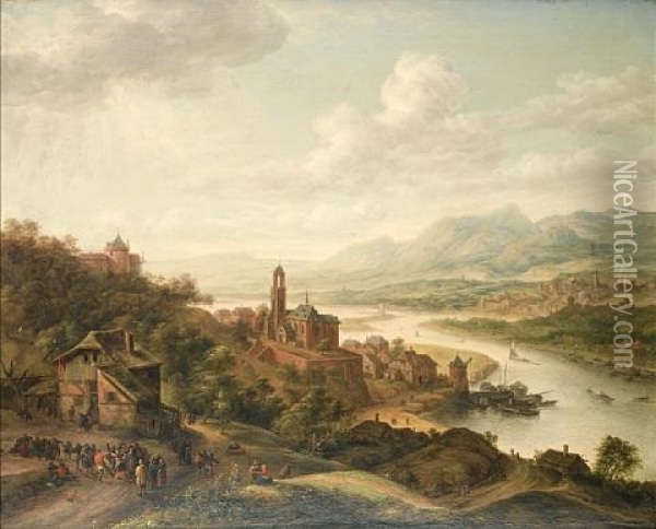 A Rhenish River Landscape With Figures Oil Painting - Robert Griffier