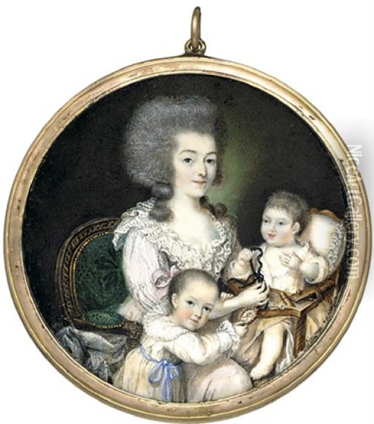 A Group Portrait Of A Mother With Her Two Children, She Wearing A White-dotted Pink Chemise A La Reine With Frilled Lace Collar And Seated In A Green-upholstered Armchair Oil Painting - Francois Joseph Hohr