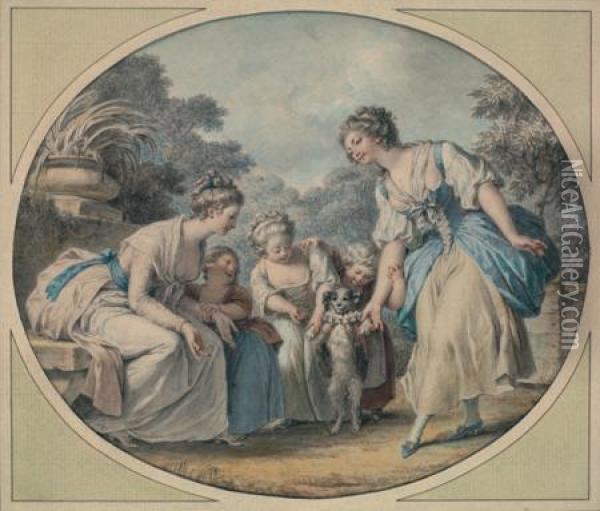 Femmes Et Enfants Autour D'un Chien Dresse Oil Painting - Jean-Baptiste Huet I