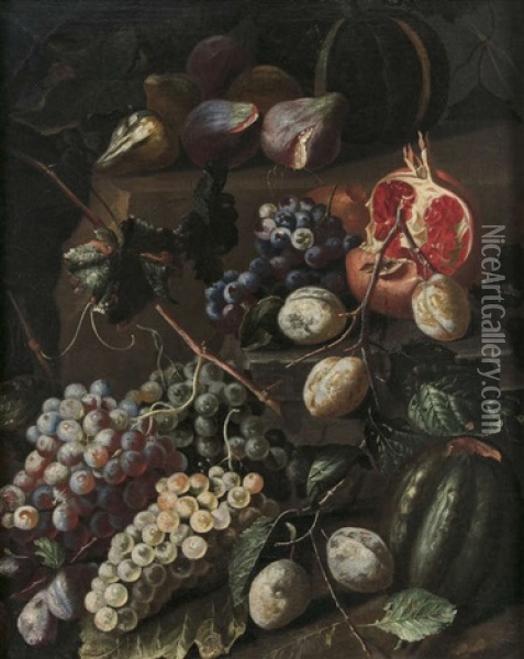 Grapes, Melon And Other Fruit On A Stone Ledge Oil Painting - Giovanni Battista Ruoppolo