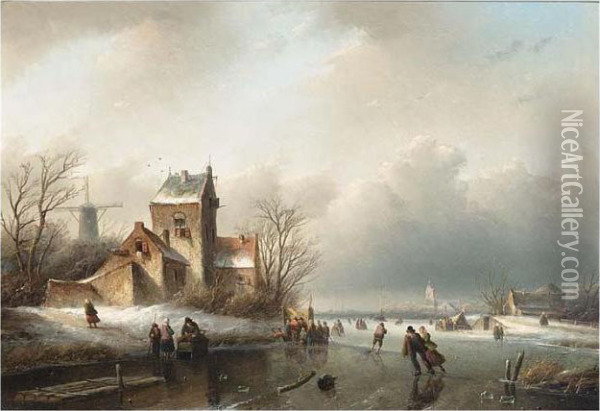 Skaters On A Frozen River, A 'koek And Zopie' Beyond Oil Painting - Jan Jacob Coenraad Spohler
