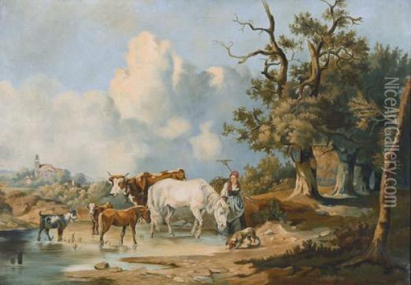 Sommerliche Landschaft Mit Bauerin Und Tieren Oil Painting - Charles Dubois, Dit Dubois-Melly