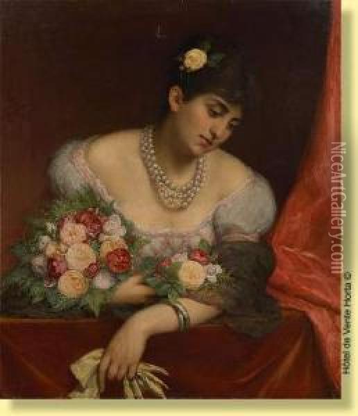 Jeune Femme Fleurie Dans Une Loge Oil Painting - Jules Van Keirsbilck