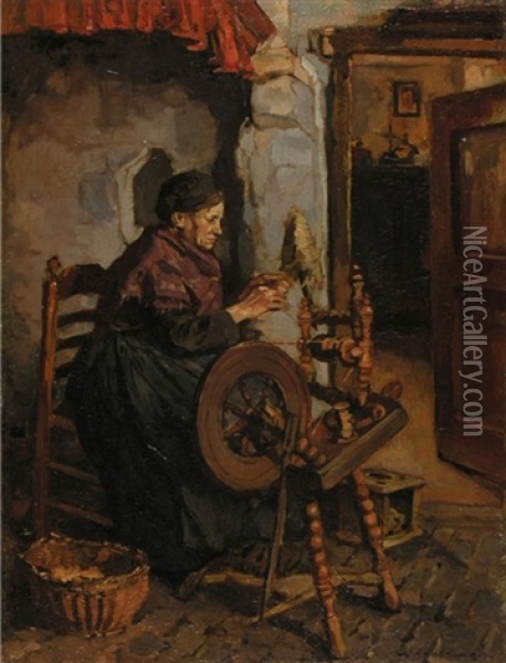 Interieur Mit Spinnender Frau Oil Painting - Johannes Evert Hendrik Akkeringa