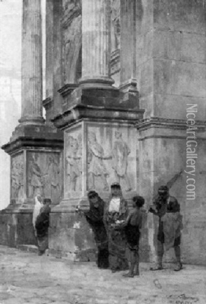 Figures Before The Arco Di Settimio Severo, Roman Forum Oil Painting - Luigi Bazzani
