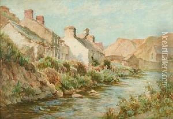 Cottages Beside A Stream Oil Painting - Tom Clough