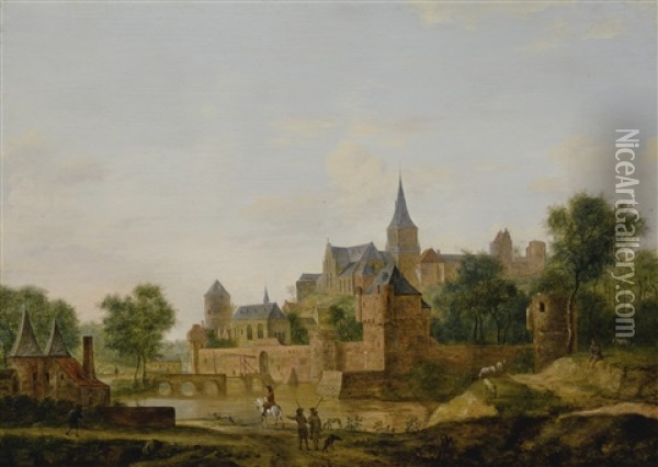 A View Of An Old Fortified Town With Figures Returning From A Hunt Oil Painting - Jan Van Der Heyden