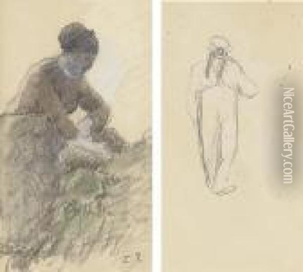 Femme De Profil, Penchee Oil Painting - Camille Pissarro