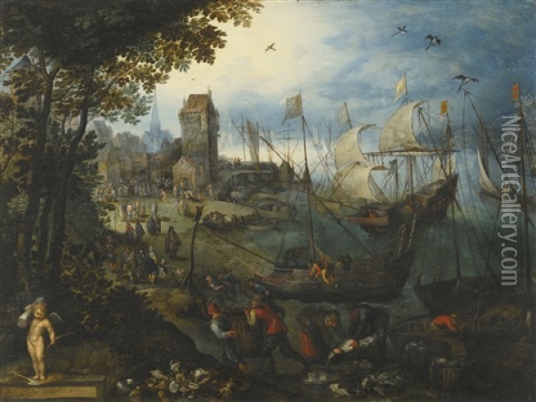 River Landscape With Numerous Ships Bringing Their Catch Into A Town Oil Painting - Jan Brueghel the Elder