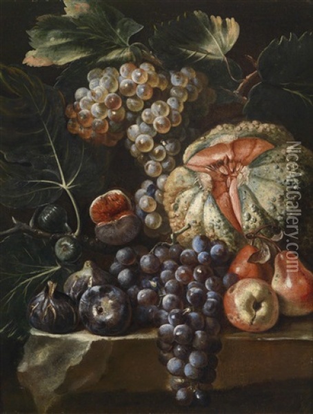 Ein Fruchtestillleben Auf Einer Steinbrustung Oil Painting - Michelangelo di Campidoglio