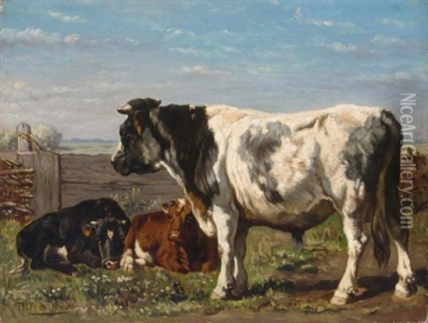 A Bull And Calves In A Summer Landscape Oil Painting - Johannes Hubertus Leonardus de Haas