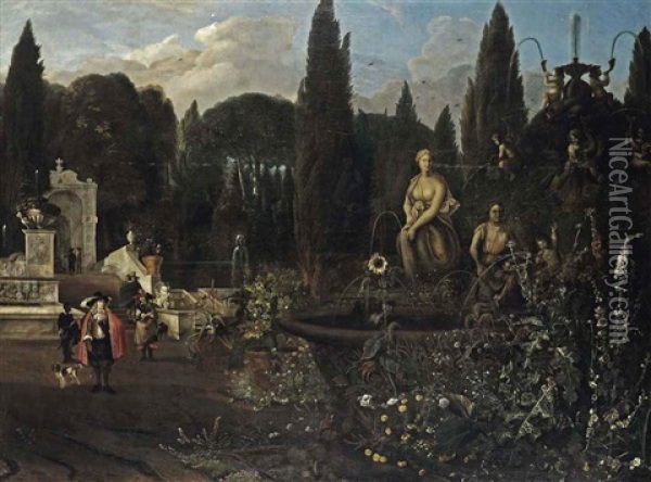 An Italianate Garden Landscape Oil Painting - Jan Blom