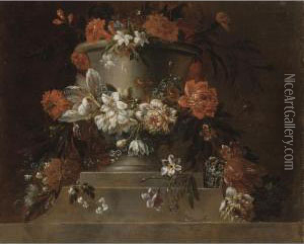 A Garland Of Flowers Wrapped Around A Stone Urn Oil Painting - Jacobus Melchior van Herck