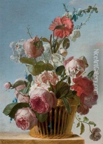 Roses, Oeillets Et Narcisses Dans Une Corbeille Posee Sur Un Entablement Oil Painting - Jean-Jacques Bachelier