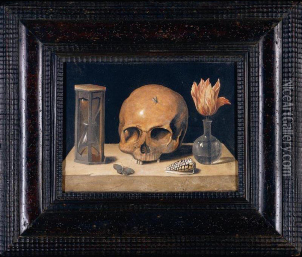 A 
Vanitas
 Still Life With A Skull, An Hour-glass, A Tulip In A Glass Vase, A Shell And Butterfly, All Resting On A Stone Ledge Oil Painting - Jacques Linard