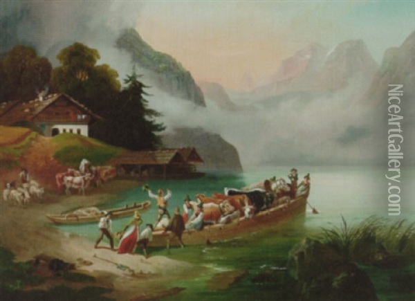 Figures And Cattle In A Boat In An Alpine Lake Landscape Oil Painting - Friedrich Gauermann